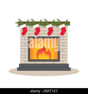 weihnachtsstrumpf am Kamin, dekoriert mit Tannenbaum - Vektorbild Stock Vektor