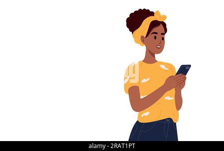 Eine afroamerikanische Frau, die ein Handy in der Hand hält. Vektordarstellung Stock Vektor