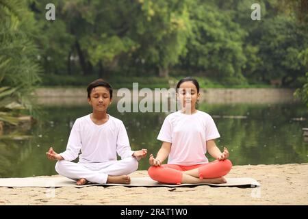 Junge Kinder, die früh am Morgen Yoga-Übungen in einem grünen öffentlichen Park machen. Wir können Wasserkörper sehen. Kinder sind gesundheitsbewusst. Internationaler Yoga-Tag. Stockfoto