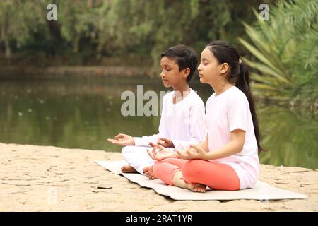 Junge Kinder, die früh am Morgen Yoga-Übungen in einem grünen öffentlichen Park machen. Wir können Wasserkörper sehen. Kinder sind gesundheitsbewusst. Internationaler Yoga-Tag. Stockfoto