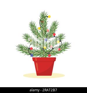weihnachtsbaum in einem Topf mit leuchtenden Lichtern - Vektorbild Stock Vektor