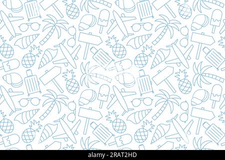 Sommerreisen nahtlos mit Flugzeug, Palme, Koffer, Ananas, Sonnenbrille, Schilder, Muscheln, Eiscreme-Symbole - Vektorbilder Stock Vektor