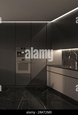 Moderne, dunkle Küche mit weißer Decke und Marmorfußboden. Vorderansicht. 3D-Rendering. Hochwertige 3D-Abbildung Stockfoto
