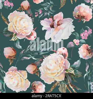 Wasserfarbenes, nahtloses Blumenmuster mit grünen Blättern, weißen Pfingstrosen, Blattnästen auf grünem Hintergrund. Hochzeitseinladungen, Hintergründe Stockfoto