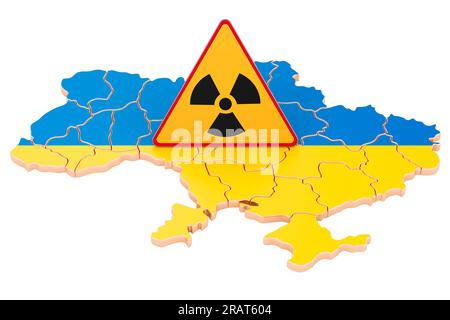 Risiko eines nuklearen Unglücks in der Ukraine, Konzept. Ukrainische Karte mit Strahlungszeichen, 3D-Rendering Stockfoto