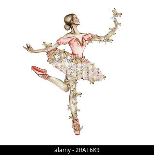 Aquarell tanzende Ballerina in rotem Kleid mit Schmetterlingen. Handgezeichnete klassische Ballettaufführung, Pose. Junge, hübsche Ballerina-Frauen-Illustration. Ca Stockfoto