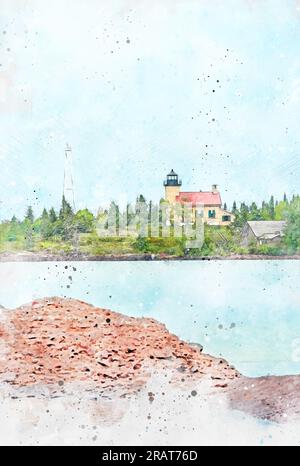 Digital erstelltes Aquarellgemälde des Copper Harbor Lighthouse, das von der anderen Seite des Wassers aus betrachtet wird. Das Reinste Michigan Stockfoto