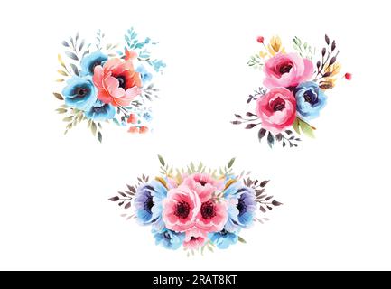 Set mit Blumenzweig. Blütenrot, Blütenblau und Zitronenrose, grüne und blaue Blätter. Hochzeitskonzept mit Blumen. Blumenposter, einladen. Vektor-Arrangements Stock Vektor