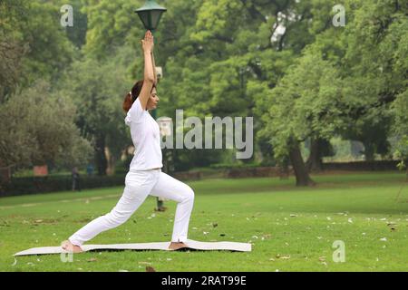 Junge Frau, die Yoga macht und macht, posiert am frühen Morgen im Park in einer grünen, ruhigen Umgebung, um einen gesunden Lebensstil zu erhalten. Internationaler Yoga-Tag. Stockfoto