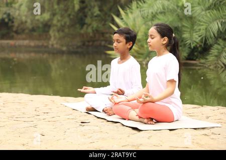 Kinder, die sich sportlich betätigen und Yoga machen, posieren am frühen Morgen im Park in einer grünen, ruhigen Umgebung, um einen gesunden Lebensstil aufrechtzuerhalten. Internationaler Yoga-Tag. Stockfoto