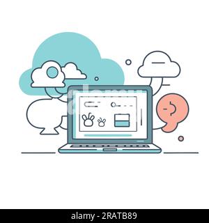 Notebook-Komposition für das Cloud-Büro mit verbundenen Piktogrammen. Stock Vektor