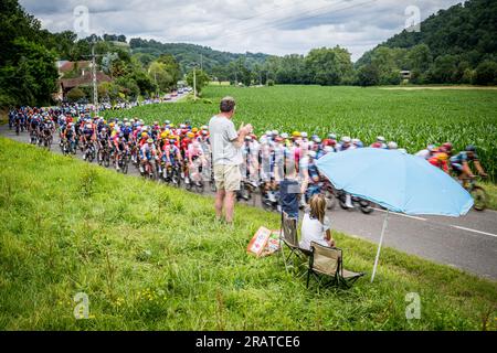 Laruns, Frankreich. 05. Juli 2023. Ein Bild, das während der 5. Etappe des Radrennens Tour de France, einem 162 km langen 7 km langen Rennen von Pau nach Laruns, Frankreich, am Mittwoch, den 05. Juli 2023 aufgenommen wurde. Die diesjährige Tour de France findet vom 01. Bis 23. Juli 2023 statt. BELGA FOTO JASPER JACOBS Kredit: Belga News Agency/Alamy Live News Stockfoto