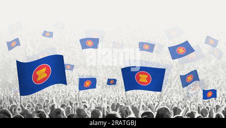 Abstrakte Menge mit ASEAN-Flagge. Völker protestieren, revolutionieren, streiken und demonstrieren mit der Flagge der ASEAN. Vektordarstellung. Stock Vektor
