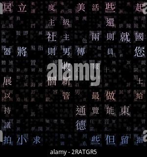 Matrixhintergrund. Zufällige Zeichen des traditionellen chinesischen Alphabets. Gradiented Matrixmuster. Hintergrund in Pastellblau-violett. Stock Vektor