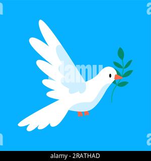 Taube mit Olivenzweig auf weißem Hintergrund. Tier, Friedensillustrierung. Stockfoto