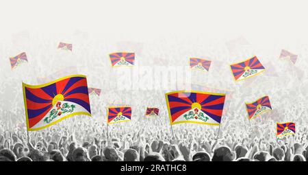 Abstrakte Menge mit der Flagge Tibets. Völker protestieren, revolutionieren, streiken und demonstrieren mit der Flagge Tibets. Vektordarstellung. Stock Vektor