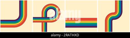 Trendige minimalistische Y2K-Poster mit bunten Kunstwerken. Retro-coole, regenbogenfarbene Streifenmuster. Geometrische Hippie-Regenbögen. Verschiedene abstrakte, stylische schillernde Streifen. Vektor Stock Vektor