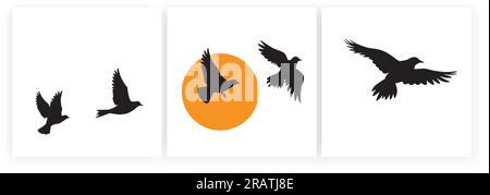 Fliegende Vögel-Silhouetten bei Sonnenuntergang, Vektor. Darstellung der „Flying Birds“-Silhouetten isoliert auf weißem Hintergrund. Skandinavisches minimalistisches Posterdesign. Stock Vektor