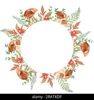 Herbstumlauf mit Aquarellen, Porcini-Pilzen, Farn, grünen Zweigen und roten Wildblumen isoliert auf weißem Hintergrund. Handgezeichnet Stockfoto