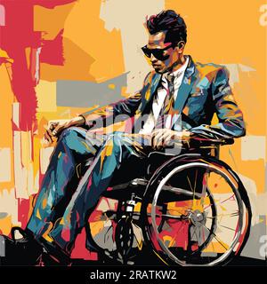 Der Vektor von Ray Charles, der im Rollstuhl sitzt und einen blauen Anzug und Krawatte und eine schwarze Sonnenbrille trägt. Stock Vektor