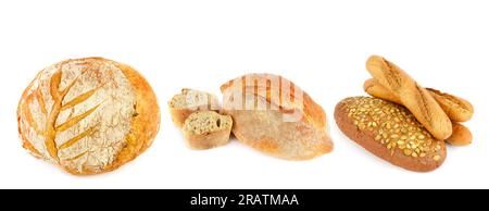 Brot, Ciabatta, Baguette und anderes Gebäck isoliert auf weißem Hintergrund. Breites Foto. Collage. Stockfoto