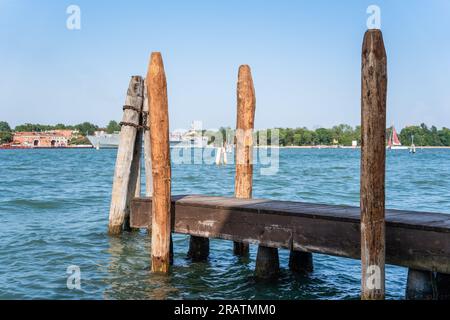 Ein hölzerner Anlegesteg und Anlegestapel auf dem Canale Grande in Venedig, Italien. Stockfoto