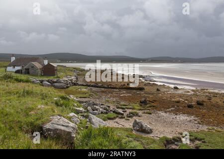 Clachan Sands oder Tràigh Hornais Panorama, Uist, North Uist, Hebriden, Äußere Hebriden, Westliche Inseln, Schottland, Vereinigtes Königreich, Großbritannien Stockfoto