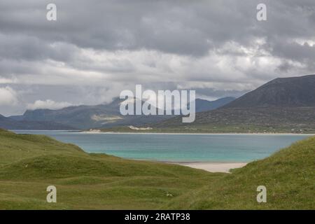 Seilebost Beach und Luskentyre Beach Panorama #3 bei High Tide, Harris, Isle of Harris, Äußere Hebriden, westliche Inseln, Schottland, Vereinigtes Königreich Stockfoto