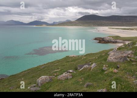 Seilebost Beach und Luskentyre Beach Panorama #4 bei High Tide, Harris, Isle of Harris, Äußere Hebriden, westliche Inseln, Schottland, Vereinigtes Königreich Stockfoto