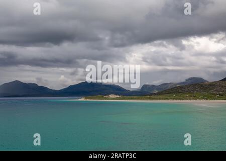 Seilebost Beach und Luskentyre Beach Panorama #5 bei High Tide, Harris, Isle of Harris, Äußere Hebriden, westliche Inseln, Schottland, Vereinigtes Königreich Stockfoto