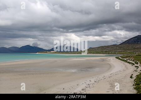 Seilebost Beach und Luskentyre Beach Panorama #1 bei High Tide, Harris, Isle of Harris, Äußere Hebriden, westliche Inseln, Schottland, Vereinigtes Königreich Stockfoto