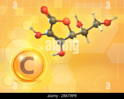 Vitamin-C-Molekül-3D-Diagramm. Digitale Illustration, 3D-Rendering. Stockfoto