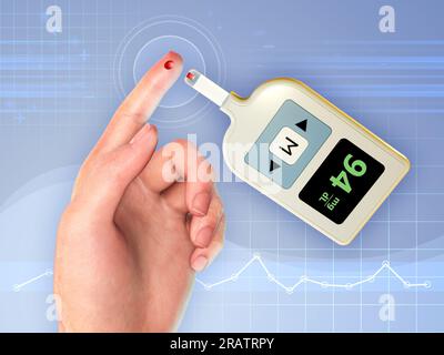 Blutzuckermessgerät zur Bestimmung des Blutzuckerspiegels bei einem erwachsenen Patienten. Digitale Illustration, 3D-Rendering. Stockfoto