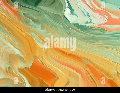 Digitale Illustration im fließenden Kunststil in Grün und Orange. Abstraktes Mischen farbiger flüssiger Lacke Stockfoto