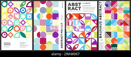 Abstrakte geometrische kunstwerke im bauhaus-Stil. Posterset mit einfachen Formen und Neo Geo-Kombination. Retro-memphis-Gittermuster-Kollektion. Moderne, trendige, lebendige Grafikbilder. Klassische postmoderne Kunstdrucke Stock Vektor