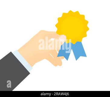Die Hand eines Geschäftsmannes trägt die goldene Gewinnermedaille, das Konzept des Leistungsziels, Erfolg, Qualität, Wettbewerb - Vektordarstellung Stock Vektor