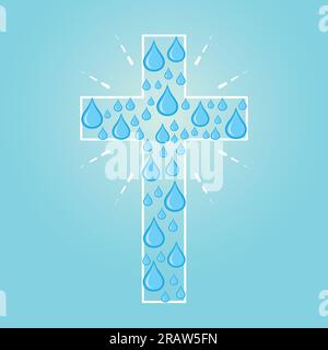christliches Kreuz gefüllt mit Wassertropfen, Konzept der Baptismus-Vektordarstellung Stock Vektor