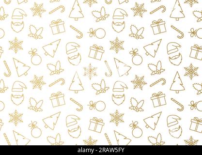 Nahtloses Muster goldener weihnachtssymbole. Weihnachtsmann, Schneeflocke, Geschenk, weihnachtsbaum, Zuckerrohr, Kugel und Heidelbeere - Vektordarstellung Stock Vektor