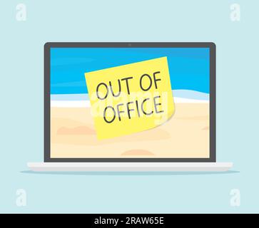 „Out of Office“-Schriftzug auf einem Laptop-Bildschirm mit Sandstrand als Bildschirmschoner, Konzept für bezahlte Freizeit – Vektordarstellung Stock Vektor