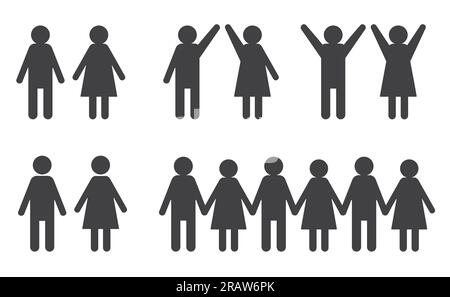 Satz von männlichen und weiblichen Silhouetten; paarweise, mit den Händen nach oben und in der Reihe – Vektordarstellung Stock Vektor