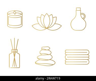 Set mit goldenen Spa-Elementen: Duftkerze, Lotusblume, Massageöl, Öldiffusor, Kiesel und Handtücher - Vektordarstellung Stock Vektor