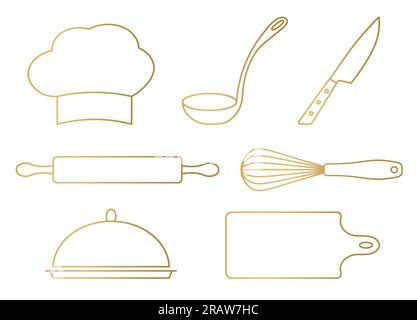 Set aus goldener Küche, Kochutensilien Ikonen: Kochmütze, Kelle, Messer, Drehnadel, Schneebesen, Schale und Schneidebrett – Vektorabbildung Stock Vektor