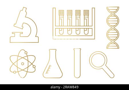 Satz goldener wissenschaftlicher Symbole: Mikroskop, Laborteströhrchen, DNA, Atom und Lupenvektordarstellung Stock Vektor
