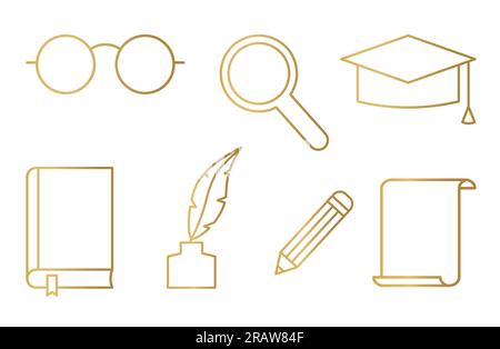 literatur zu goldenen Ikonen, Universität, Bildungselemente: Brille, Lupe, Abschlussmütze, Buch, Tintenfass, Bleistift und Papier – Vektordarstellung Stock Vektor
