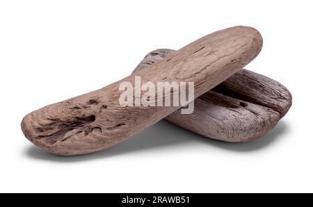Zwei Stücke Driftwood auf White. Stockfoto