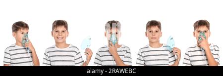 Inhalationstherapie. Collage mit Fotos eines Jungen mit Vernebler auf weißem Hintergrund Stockfoto