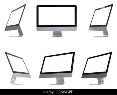 Collage-Design mit Computermonitor auf weißem Hintergrund, verschiedene Seiten Stockfoto