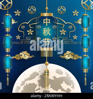 Chinesisches Herbstfestival mit goldenen Kunstwerken aus Papier und Kunsthandwerk auf farbigem Hintergrund mit asiatischen Elementen für Grußkarten, Banner, Web (Übersetzung) Stock Vektor