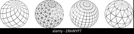 Wireframe Spheres Kollektion. 3D Globen mit unterschiedlichen Gittermustern umreißen. Schwarze geometrische Kreiselemente für Designvorlagen, Symbole, Logo. Abstrakte Bälle mit verbundenen Linien. Vektorpaket Stock Vektor
