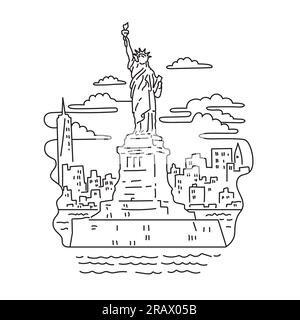 Mono-Line-Darstellung der Freiheitsstatue mit der Skyline von New York City auf Liberty Island im Hafen von New York in den Vereinigten Staaten von Amerika Stockfoto